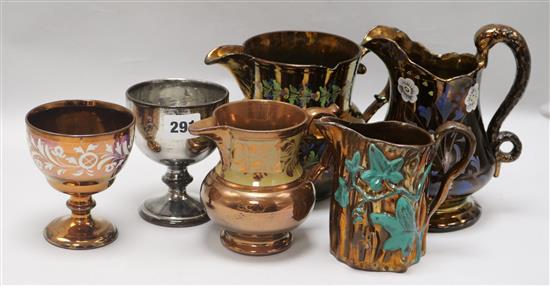 A collection of Staffordshire copper lustre ware